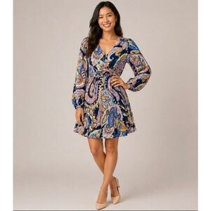 Sanctuary Boho Paisley Mini Dress Long Sleeve Keyhole Neck Multicolor Navy XS